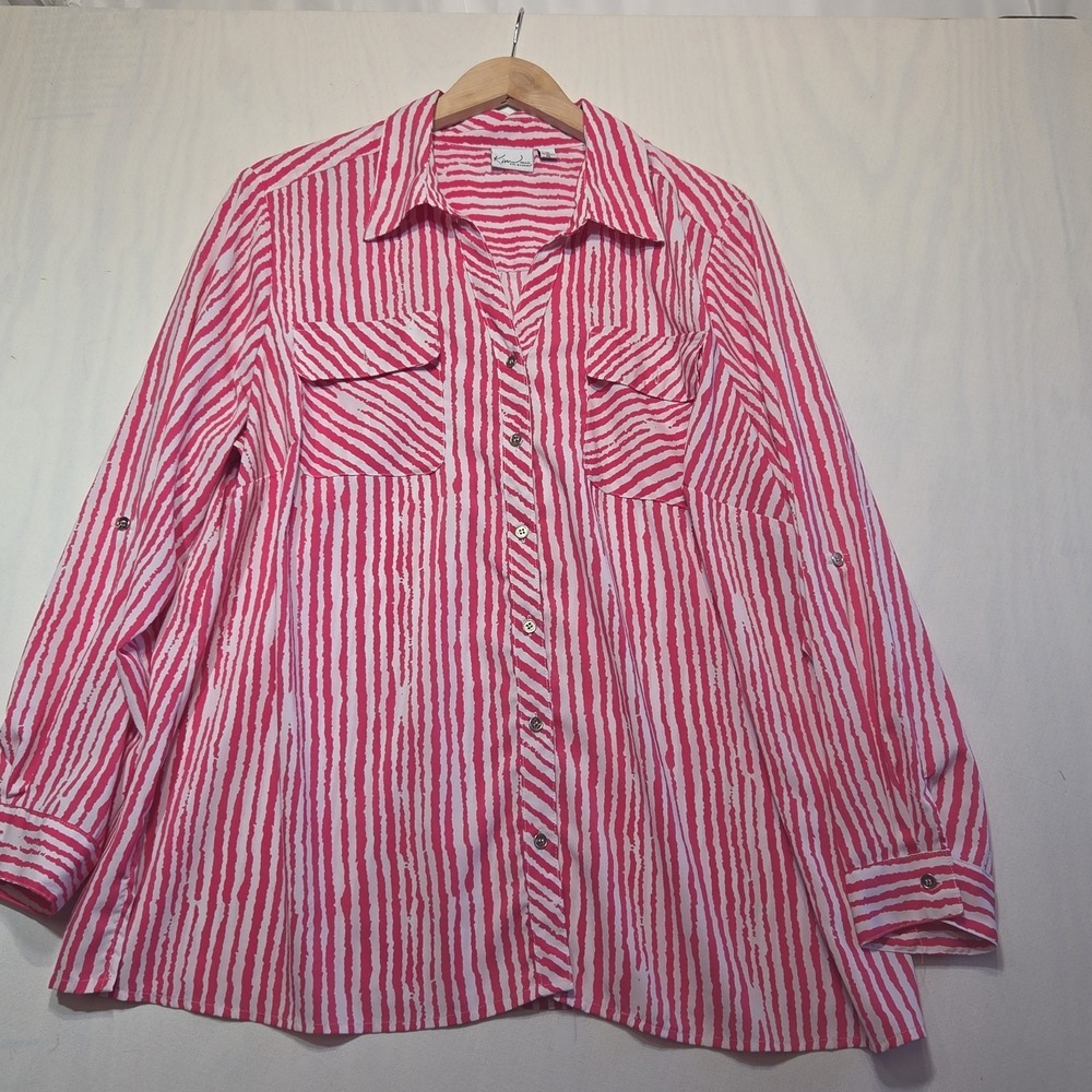 Kim Rogers Women's 3X Pink White Stripe Button Front Roll Tab Shirt Pockets Top